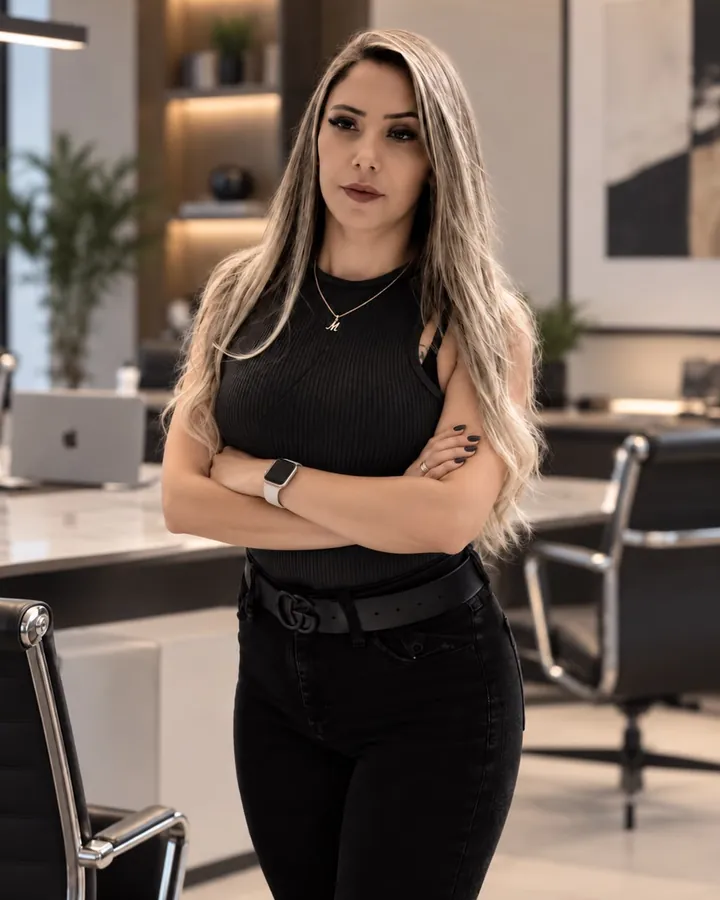 Mariane Taborda de braços cruzados num escritório